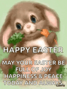 a happy easter message with a bunny holding a carrot in its mouth .