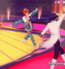 two anime characters are dancing on a stage .