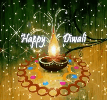 a happy diwali greeting card with a lit oil lamp on a table surrounded by stars .