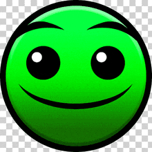 a green smiley face with big eyes and a smile