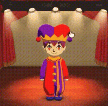 a cartoon character in a jester costume is standing in front of a stage .