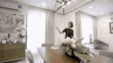 a woman stands in a room with a table and chairs