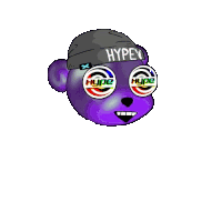 a purple bear wearing sunglasses and a hat that says hype on it