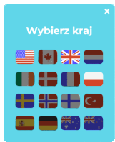 a blue screen with flags and the words wybierz kraj on it