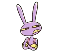 a purple rabbit with yellow eyes and yellow teeth is sitting with its arms crossed