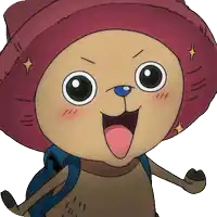 tony tony chopper from one piece is wearing a red hat and blue backpack