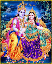 a colorful painting of krishna and radha sitting on a throne