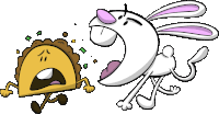 a cartoon of a taco and a rabbit fighting