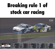breaking rule 1 of stock car racing is shown on a tv screen