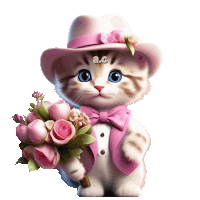 a cat wearing a pink hat and bow tie holds a bouquet of pink flowers