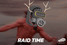 a cartoon of a man wearing a helmet with antlers and the words raid time on the bottom