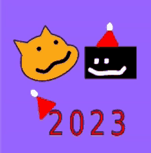 a purple background with a cat and a smiley face and the year 2023