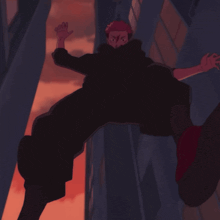 a cartoon character with red hair and black pants is flying through the air