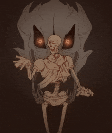 a drawing of a skeleton standing in front of a skull with red eyes