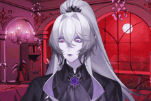 a man with long white hair and red eyes is standing in front of a window