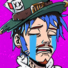 a man with blue hair and a hat is crying with tears coming out of his eyes .