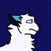 a drawing of a white cat with blue eyes against a blue sky