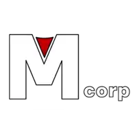 a logo for m corp has a red triangle in the middle of the letter m
