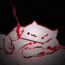 a cartoon cat is laying on a bed with blood on it 's face .