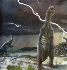 a painting of a dinosaur standing in the rain with lightning behind it