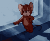 a cartoon mouse named jerry is standing next to a window