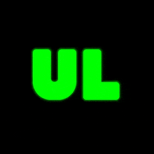 the letter ul is glowing bright green on a black background .