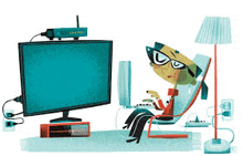 a cartoon of a man sitting in a chair using a computer in front of a tv .