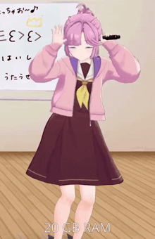 a girl in a pink jacket and black skirt is standing in front of a white board with chinese writing on it