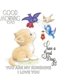 a good morning card with a cat looking up at birds and flowers