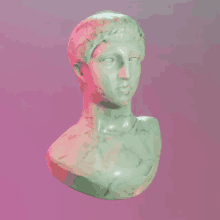 a marble statue of a man 's head is against a pink and purple background