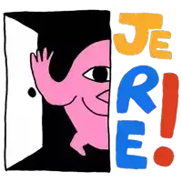 a cartoon drawing of a pink monster behind a sign that says je rire