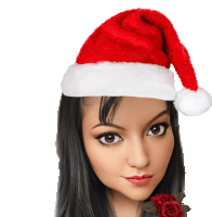 a woman is wearing a santa hat with a red rose in her hair