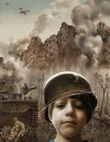 a painting of a boy wearing a helmet with a tank in the background and a mountain in the background