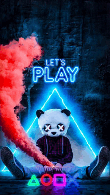 a poster with a panda holding a smoke bomb and the words let 's play