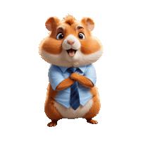 a hamster wearing a blue shirt and tie stands with its arms crossed