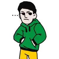 a cartoon drawing of a man wearing a green hoodie and yellow pants