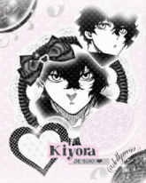 a black and white drawing of a boy with the name kiyora on it