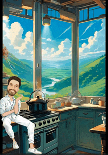 a man sits on a stove in front of a window with a view of a river