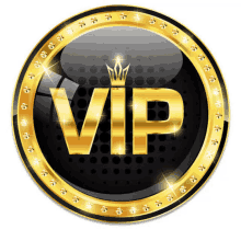 a black and gold circle with the word vip inside