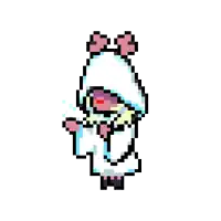 a pixel art drawing of a white sheep with pink ears and a bow .