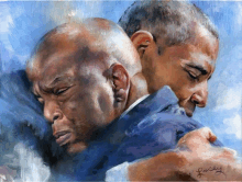 a painting of two men hugging with the name lacey written on the bottom