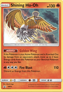a shiny ho-oh pokemon card with a golden wing ability