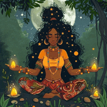 an illustration of a woman sitting in a lotus position with candles in her hands