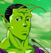 a cartoon of a green alien with a purple shirt speaking into a microphone