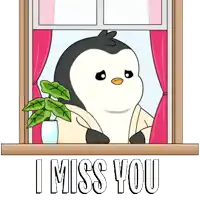 a penguin is looking out of a window with the words i miss you below him