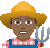 a man wearing overalls and a straw hat holds a fork