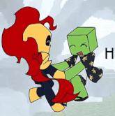 a cartoon drawing of a green cube and a red cartoon character with the letter h in the corner