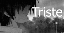 a black and white photo of a boy crying in the rain with the word triste in white letters