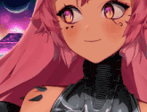 a close up of a girl with pink hair