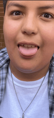 a young boy wearing a plaid shirt and a necklace sticks his tongue out